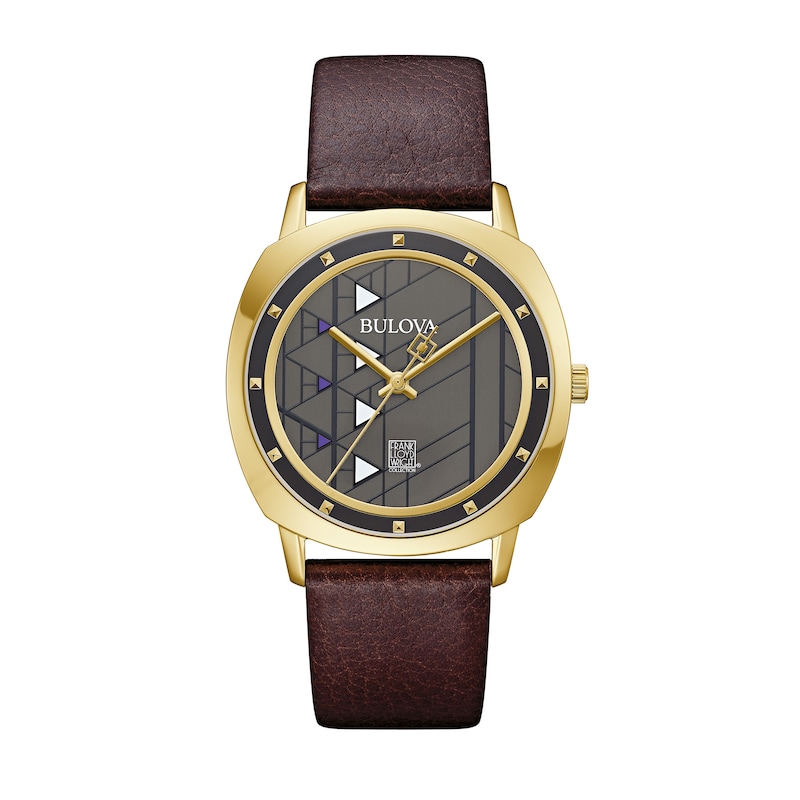 Main Image 1 of Men's Bulova Frank Lloyd Wright Gold-Tone Brown Leather Strap Watch with Grey Dial (Model: 97A173)
