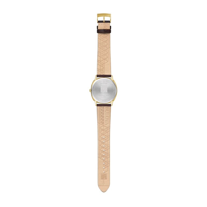 Main Image 4 of Men's Bulova Frank Lloyd Wright Gold-Tone Brown Leather Strap Watch with Grey Dial (Model: 97A173)