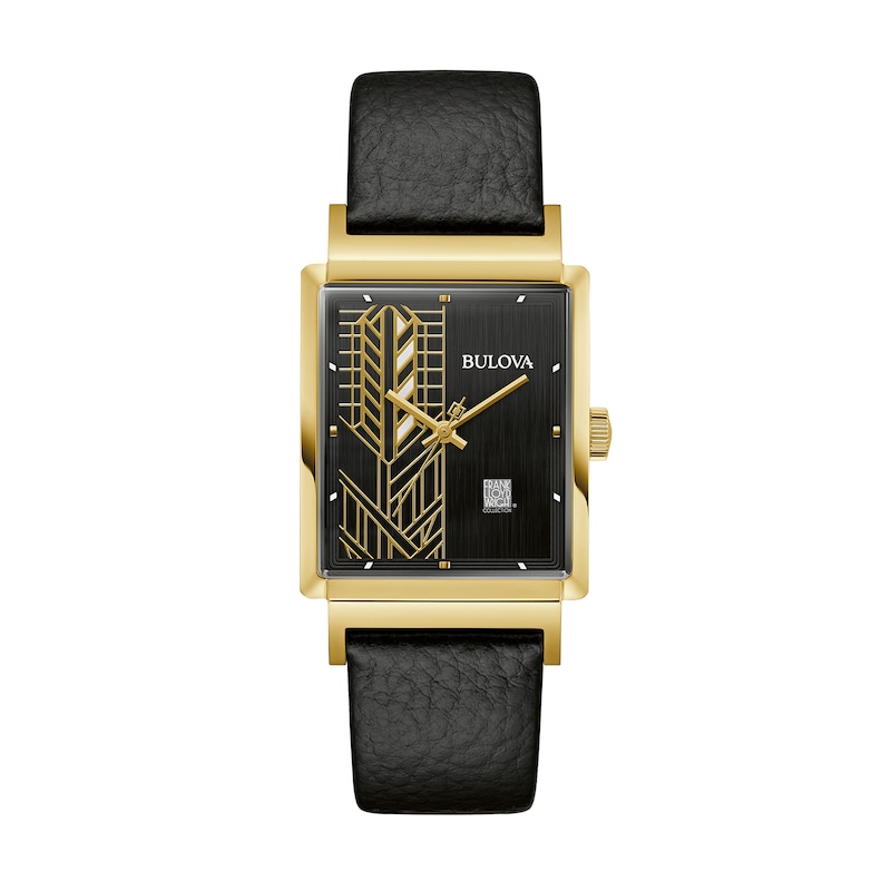 Main Image 1 of Men's Bulova Frank Lloyd Wright Gold-Tone Black Leather Strap Watch with Rectangular Dial (Model: 97A176)