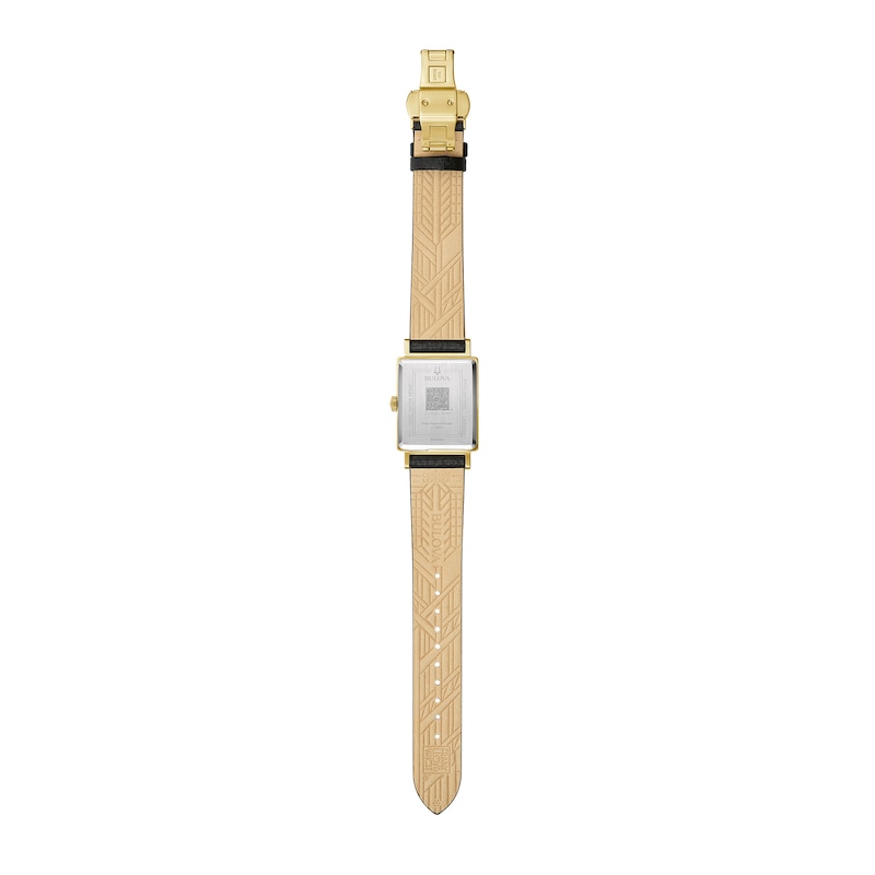 Main Image 4 of Men's Bulova Frank Lloyd Wright Gold-Tone Black Leather Strap Watch with Rectangular Dial (Model: 97A176)