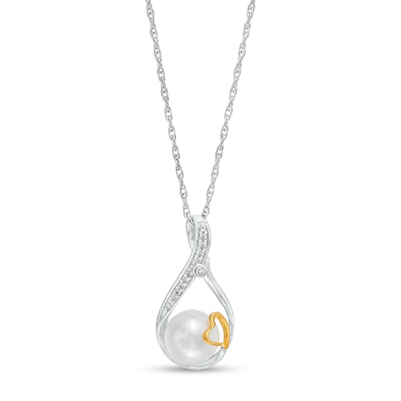 Main Image 1 of 8.0mm Button Freshwater Cultured Pearl and White Lab-Created Sapphire Pendant in Sterling Silver and 18K Gold