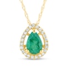 Thumbnail Image 1 of Pear-Shaped Faceted Emerald and 1/15 CT. T.W. Diamond Open Frame Teardrop Pendant in 14K Gold