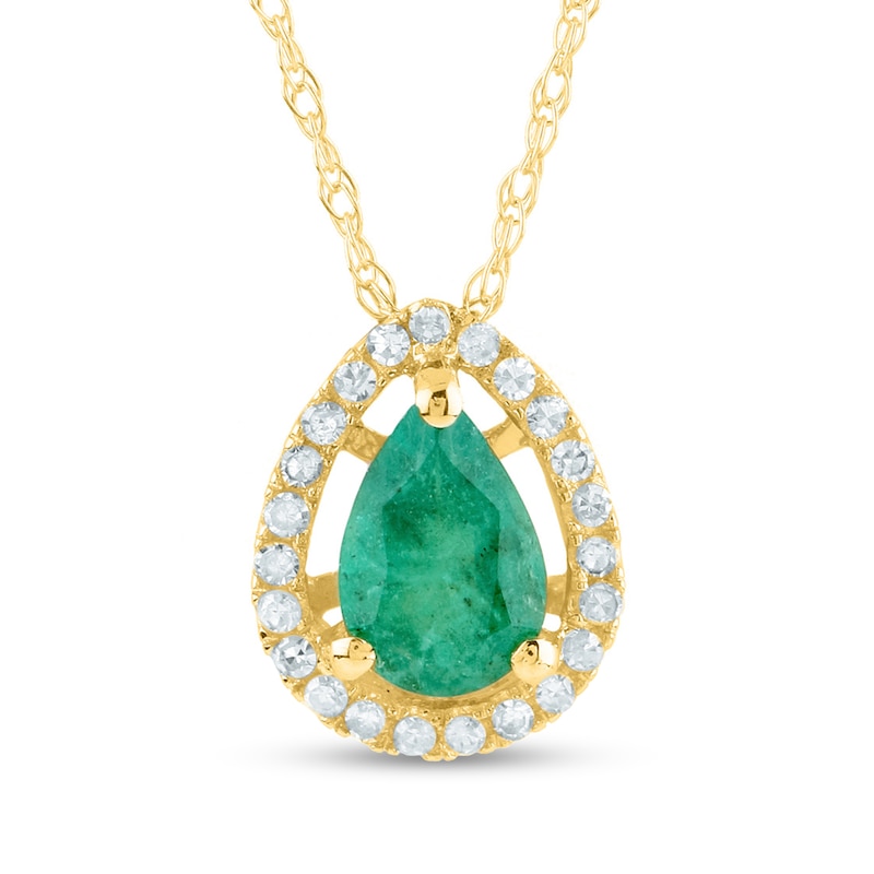 Main Image 1 of Pear-Shaped Faceted Emerald and 1/15 CT. T.W. Diamond Open Frame Teardrop Pendant in 14K Gold