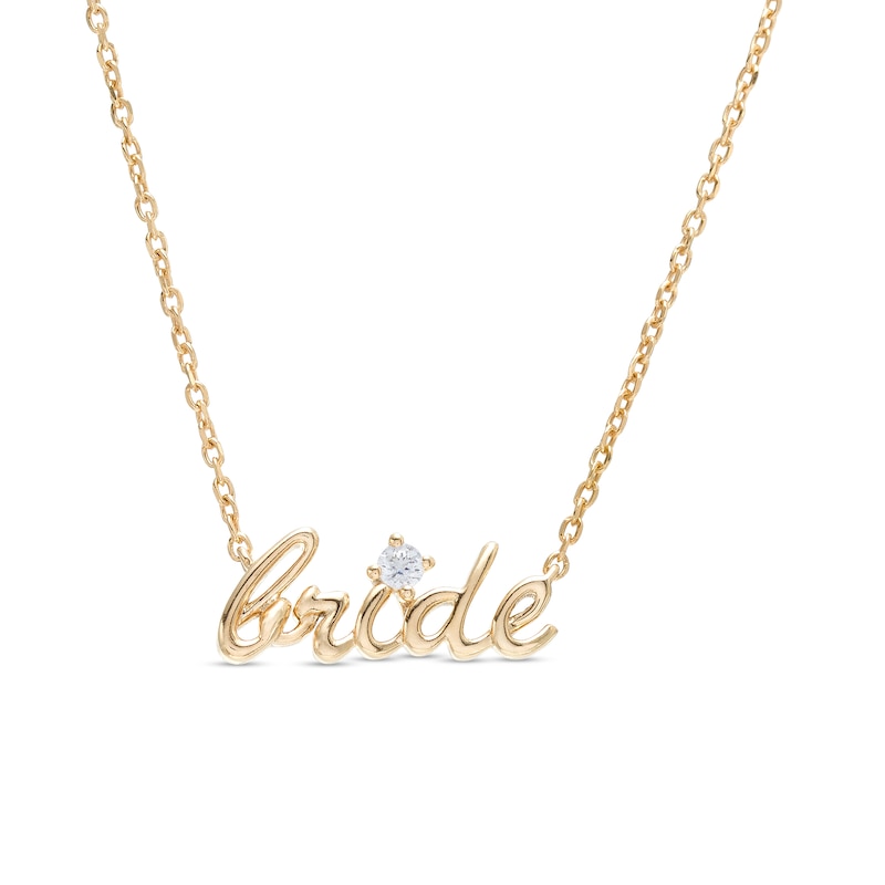 Main Image 1 of 1/20 CT. T.W. Diamond Solitaire Cursive "bride" Necklace in 10K Gold