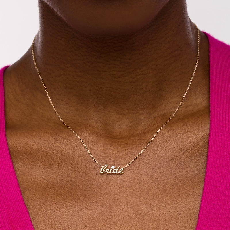 Main Image 2 of 1/20 CT. T.W. Diamond Solitaire Cursive "bride" Necklace in 10K Gold