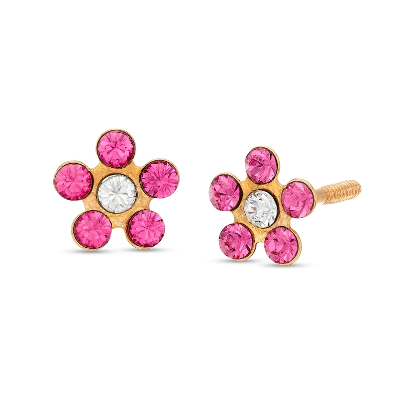 Main Image 1 of Child's Pink and White Crystal Petal Frame Flower Stud Earrings in 14K Gold