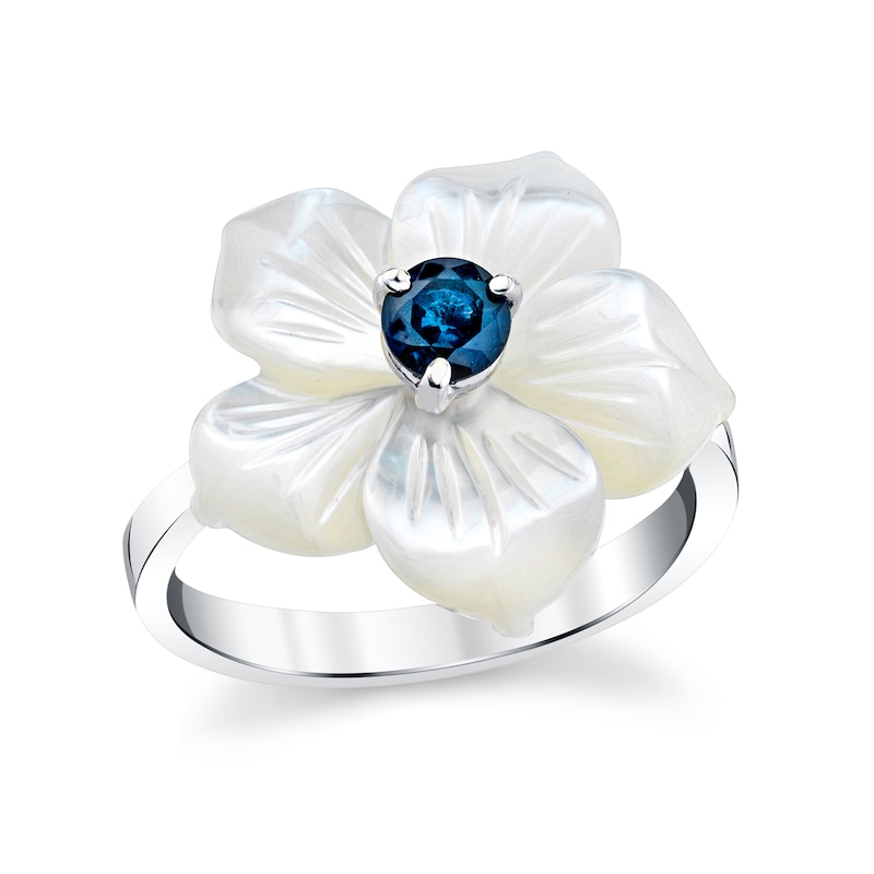 Main Image 1 of 4.0mm Blue Sapphire and Mother-of-Pearl Plumeria Flower Ring in Sterling Silver