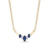 Thumbnail Image 1 of Marquise Blue Sapphire and 1/20 CT. T.W. Diamond Three Stone Curved Bar Necklace in 14K Gold – 16"