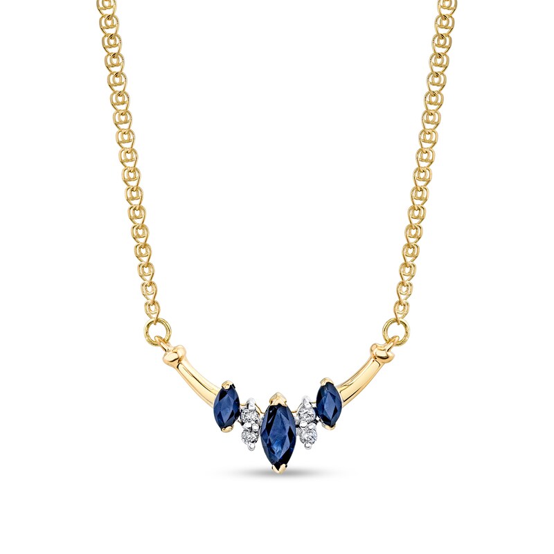 Main Image 1 of Marquise Blue Sapphire and 1/20 CT. T.W. Diamond Three Stone Curved Bar Necklace in 14K Gold – 16"