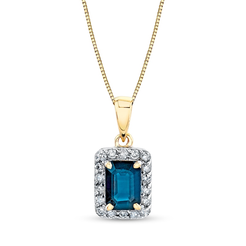 Emerald-Cut Blue Sapphire and 1/5 CT. T.W. Diamond Frame Pendant in 14K Gold