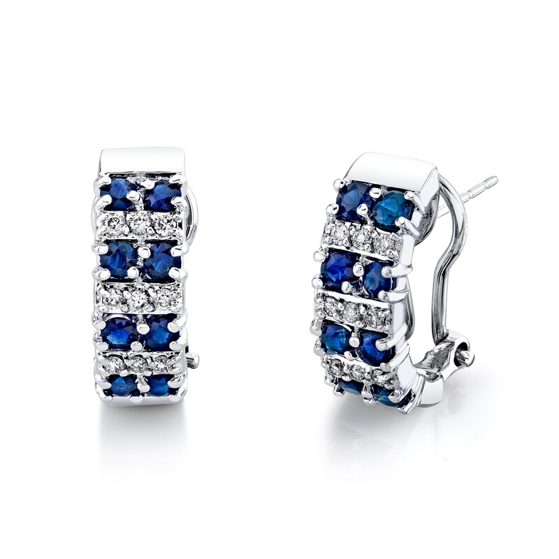 Main Image 1 of Blue Sapphire and 1/5 CT. T.W. Diamond Alternating Double Row Hoop Earrings in 14K White Gold