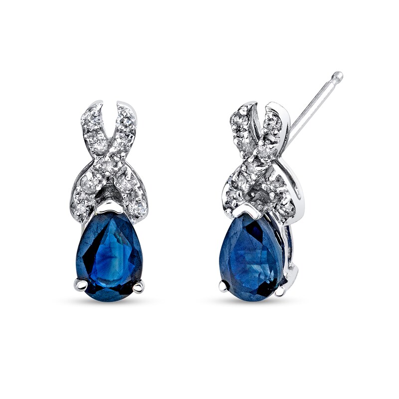 Main Image 1 of Pear-Shaped Blue Sapphire and 1/8 CT. T.W. Diamond Twist Stud Earrings in 14K White Gold