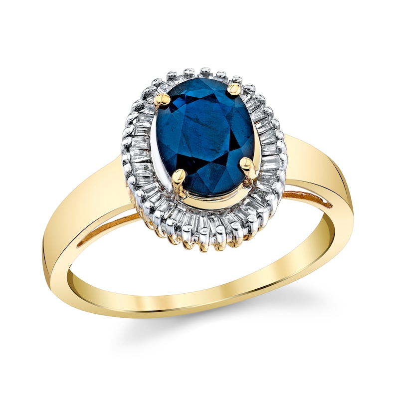 Main Image 1 of Oval Blue Sapphire and 1/6 CT. T.W. Baguette Diamond Frame Ring in 14K Gold