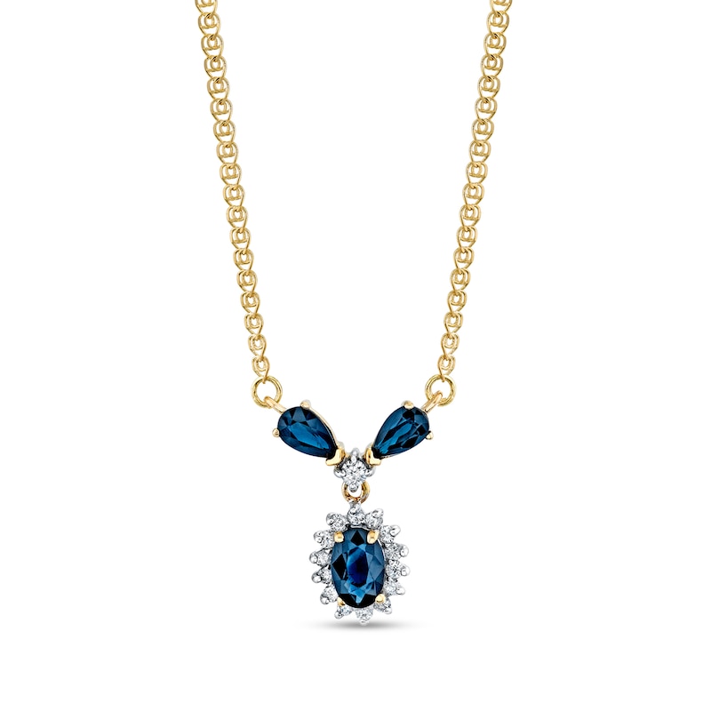 Oval Blue Sapphire and 1/6 CT. T.W. Diamond Frame "Y" Necklace in 14K Gold - 16"