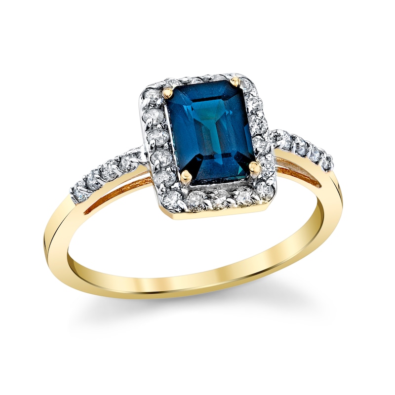 Main Image 1 of Emerald-Cut Blue Sapphire and 1/4 CT. T.W. Diamond Frame Ring in 14K Gold