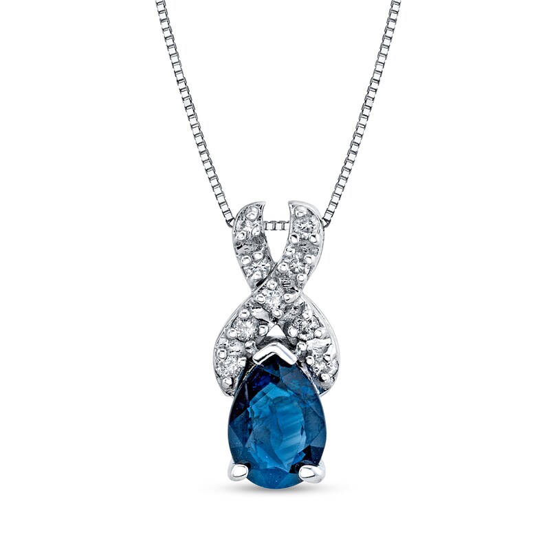 Main Image 1 of Pear-Shaped Blue Sapphire and 1/10 CT. T.W. Diamond Twist Bail Pendant in 14K White Gold