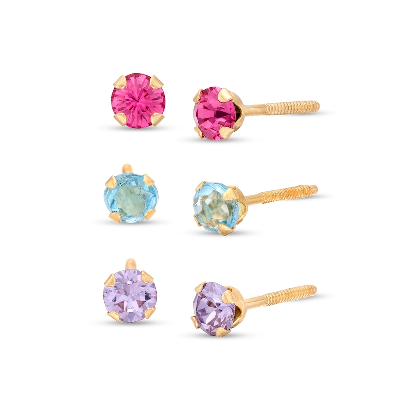 Main Image 1 of Child's 3.0mm Pink, Blue and Purple Cubic Zirconia Three Pair Stud Earrings Set in 14K Gold