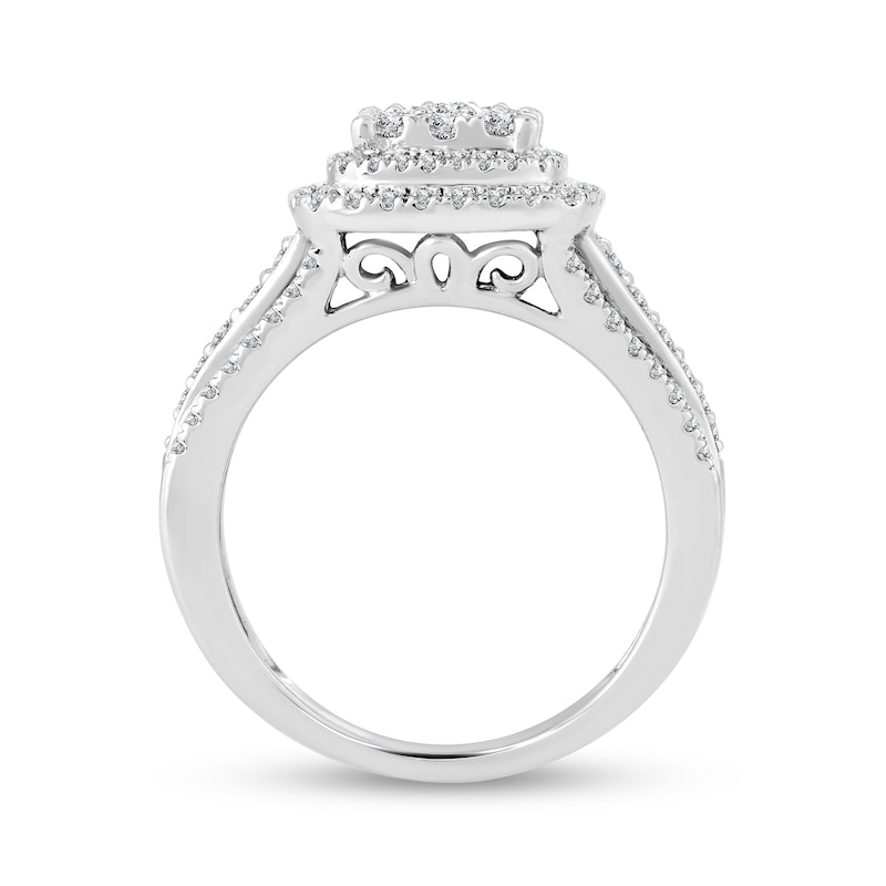 Main Image 2 of 1 CT. T.W. Cushion-Shaped Multi-Diamond Double Frame Triple Row Engagement Ring in 14K White Gold