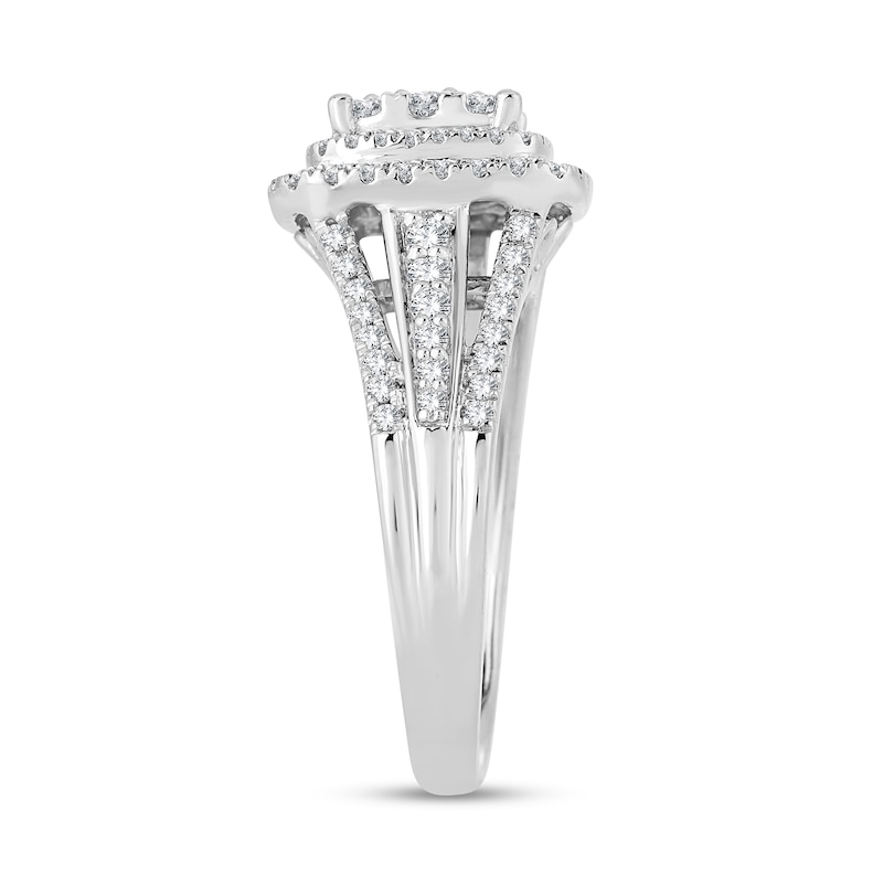 Main Image 3 of 1 CT. T.W. Cushion-Shaped Multi-Diamond Double Frame Triple Row Engagement Ring in 14K White Gold