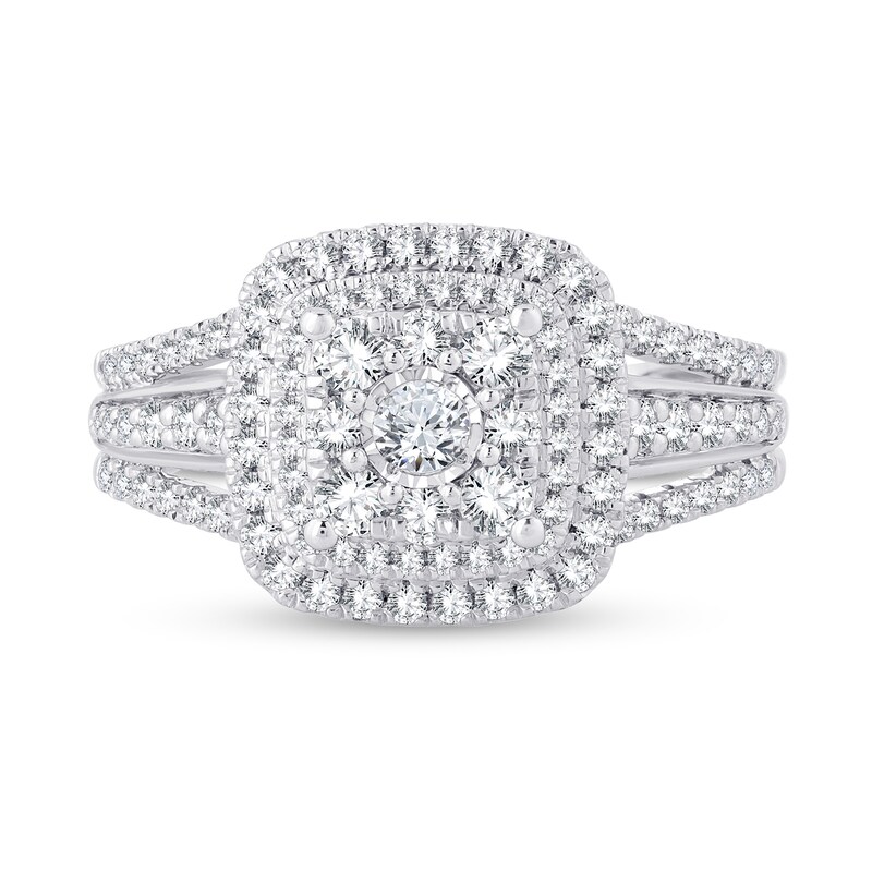 Main Image 4 of 1 CT. T.W. Cushion-Shaped Multi-Diamond Double Frame Triple Row Engagement Ring in 14K White Gold