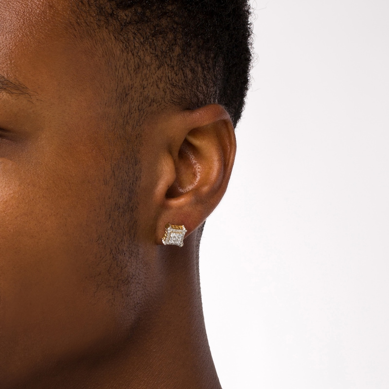 Main Image 2 of Men's 1/2 CT. T.W. Square-Shaped Multi-Diamond Concave Frame Stud Earrings in 10K Gold