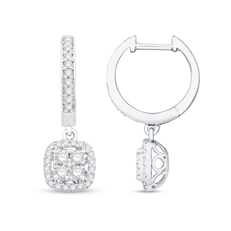 Main Image 1 of 1/2 CT. T.W. Cushion-Shaped Multi-Diamond Frame Drop Earrings in 14K White Gold