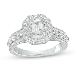 1-1/2 CT. T.W. Certified Emerald-Cut Lab-Grown Diamond Double Frame Engagement Ring in 14K White Gold (F/VS2)