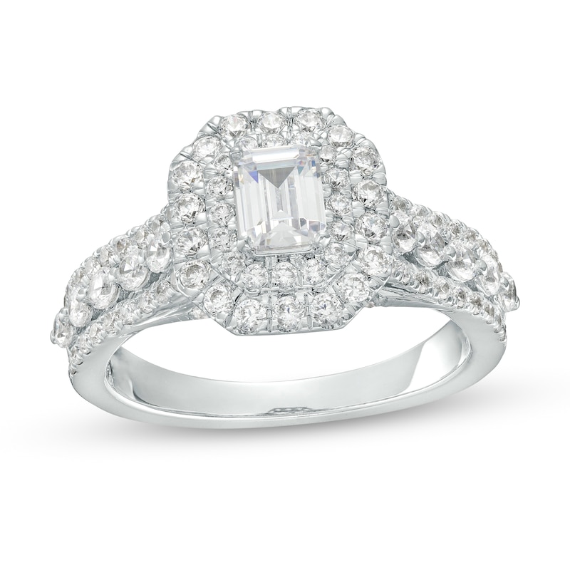 Main Image 1 of 1-1/2 CT. T.W. Certified Emerald-Cut Lab-Grown Diamond Double Frame Engagement Ring in 14K White Gold (F/VS2)