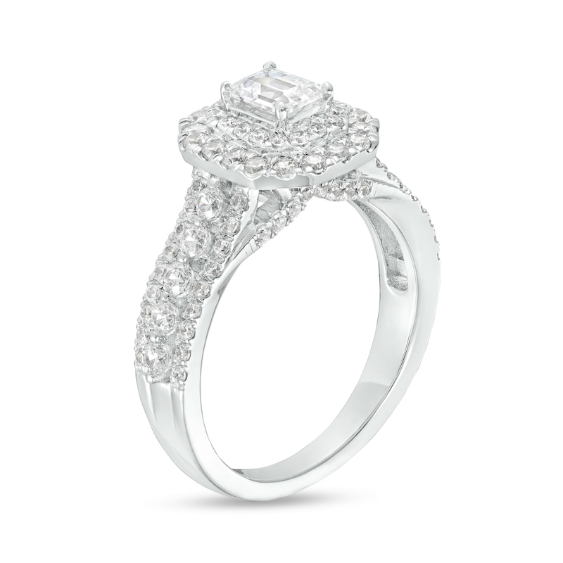 Main Image 3 of 1-1/2 CT. T.W. Certified Emerald-Cut Lab-Grown Diamond Double Frame Engagement Ring in 14K White Gold (F/VS2)