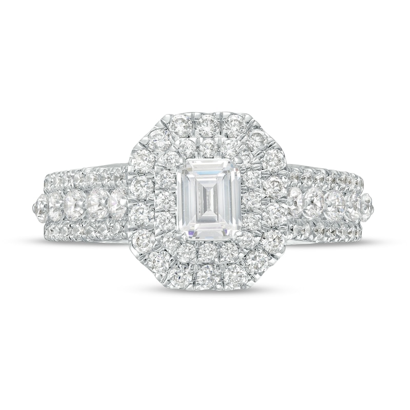 Main Image 4 of 1-1/2 CT. T.W. Certified Emerald-Cut Lab-Grown Diamond Double Frame Engagement Ring in 14K White Gold (F/VS2)