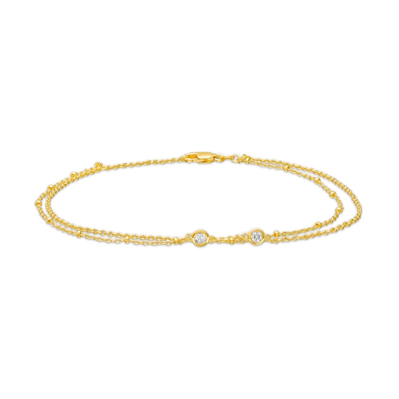 Main Image 1 of White Lab-Created Sapphire Bezel-Set Duo Bead Station Double Strand Anklet in Sterling Silver with 18K Gold Plate - 10"