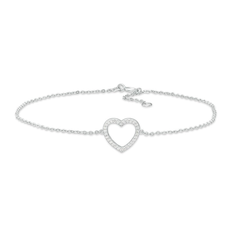 White Lab-Created Sapphire Heart Outline Anklet in Sterling Silver - 10"