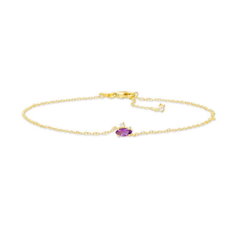 Main Image 1 of Sideways Marquise Amethyst and White Lab-Created Sapphire Dangle Anklet in Sterling Silver with 18K Gold Plate - 10"