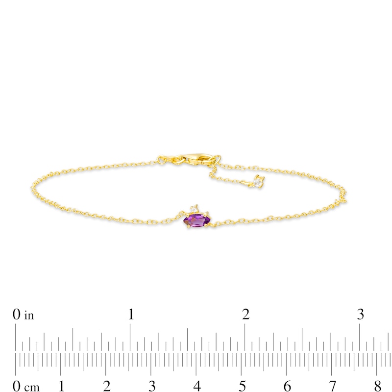 Main Image 3 of Sideways Marquise Amethyst and White Lab-Created Sapphire Dangle Anklet in Sterling Silver with 18K Gold Plate - 10"