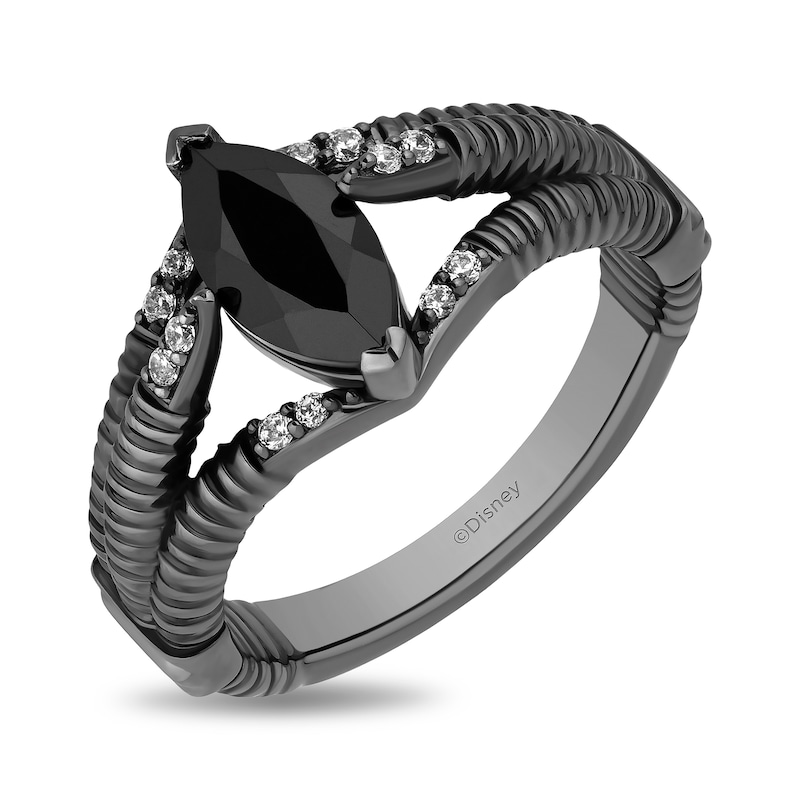 Main Image 1 of Enchanted Disney Villains Maleficent Marquise Onyx and 1/10 CT. T.W. Diamond Ring in Sterling Silver with Black Rhodium