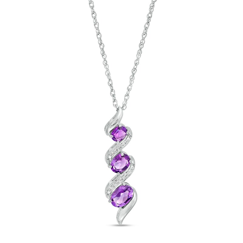 Main Image 1 of Oval Amethyst and White Lab-Created Sapphire Swirl Trio Pendant in Sterling Silver