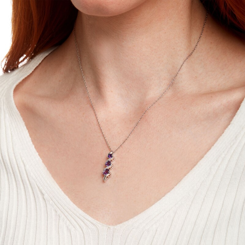 Main Image 2 of Oval Amethyst and White Lab-Created Sapphire Swirl Trio Pendant in Sterling Silver