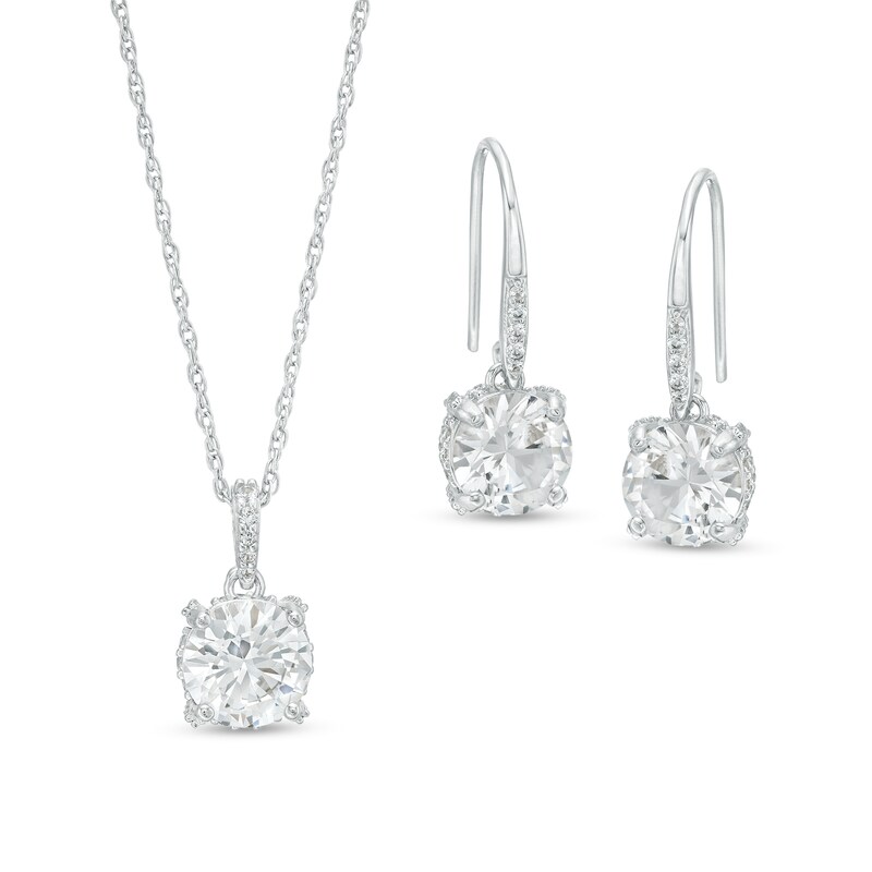 Main Image 1 of 8.0mm White Lab-Created Sapphire Pendant and Drop Earrings Set in Sterling Silver