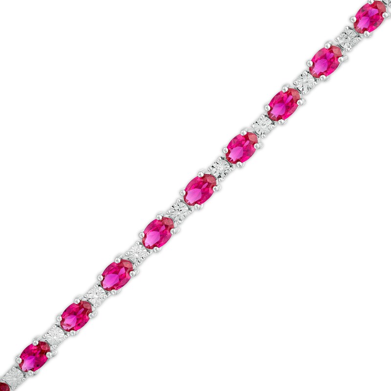Main Image 1 of Oval Lab-Created Ruby and Diamond Accent Alternating Line Bracelet in Sterling Silver – 7.25"