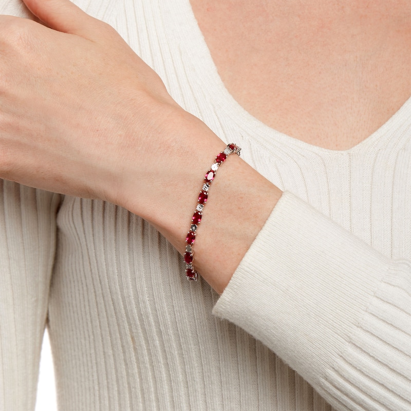 Main Image 2 of Oval Lab-Created Ruby and Diamond Accent Alternating Line Bracelet in Sterling Silver – 7.25"