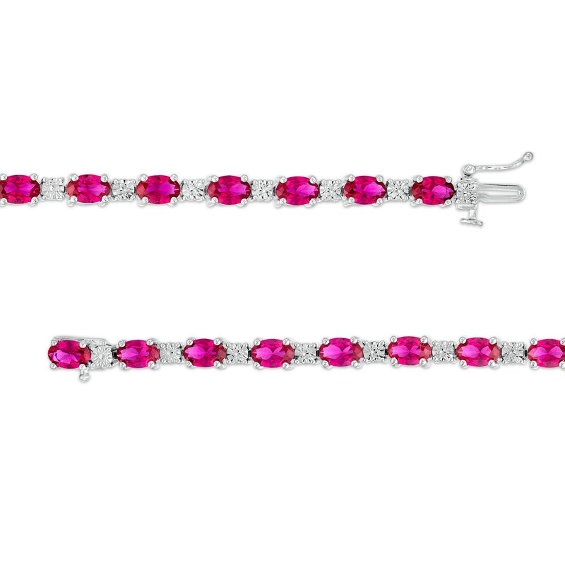 Oval Lab-Created Ruby and Diamond Accent Alternating Line Bracelet in Sterling Silver – 7.25"