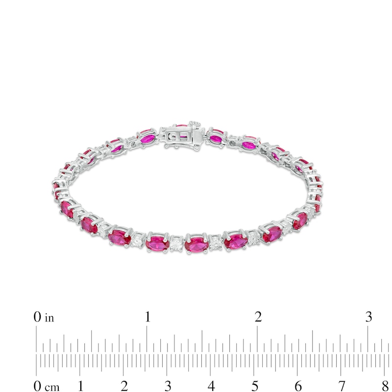 Oval Lab-Created Ruby and Diamond Accent Alternating Line Bracelet in Sterling Silver – 7.25"