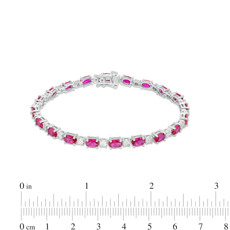 Main Image 4 of Oval Lab-Created Ruby and Diamond Accent Alternating Line Bracelet in Sterling Silver – 7.25"