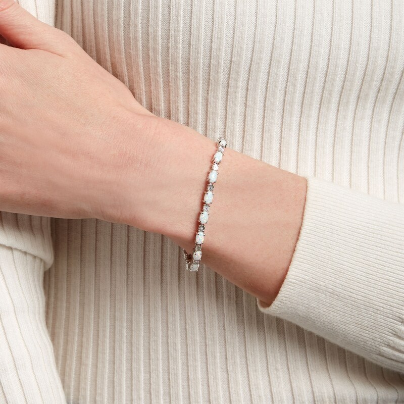 Main Image 2 of Oval Lab-Created Opal and Diamond Accent Alternating Line Bracelet in Sterling Silver – 7.25"
