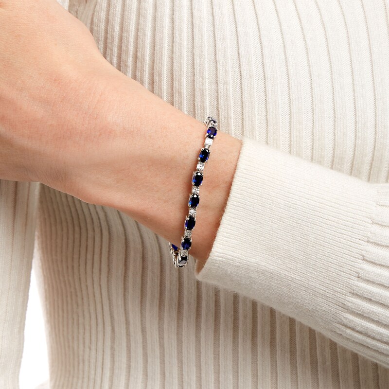 Main Image 2 of Oval Blue Lab-Created Sapphire and Diamond Accent Alternating Line Bracelet in Sterling Silver – 7.25"