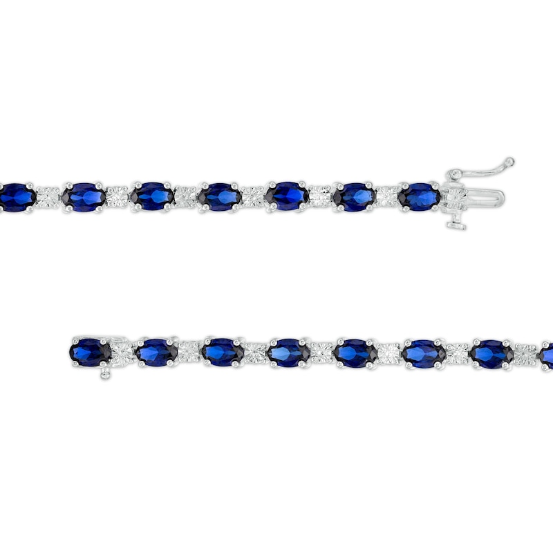 Main Image 3 of Oval Blue Lab-Created Sapphire and Diamond Accent Alternating Line Bracelet in Sterling Silver – 7.25"