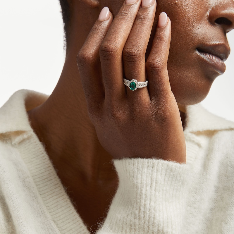 Main Image 2 of Oval Lab-Created Emerald and White Lab-Created Sapphire Frame Triple Row Ring in Sterling Silver