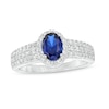 Thumbnail Image 1 of Oval Blue and White Lab-Created Sapphire Frame Triple Row Ring in Sterling Silver