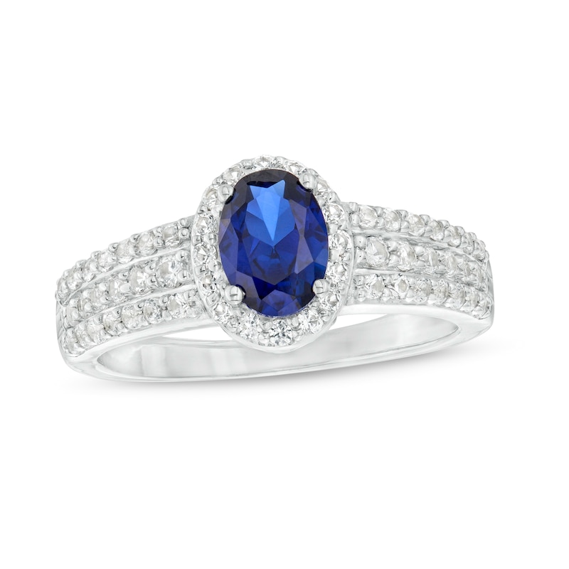 Main Image 1 of Oval Blue and White Lab-Created Sapphire Frame Triple Row Ring in Sterling Silver