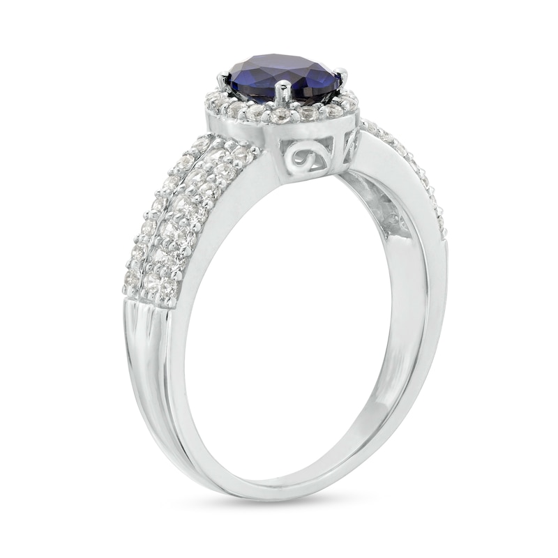 Main Image 3 of Oval Blue and White Lab-Created Sapphire Frame Triple Row Ring in Sterling Silver